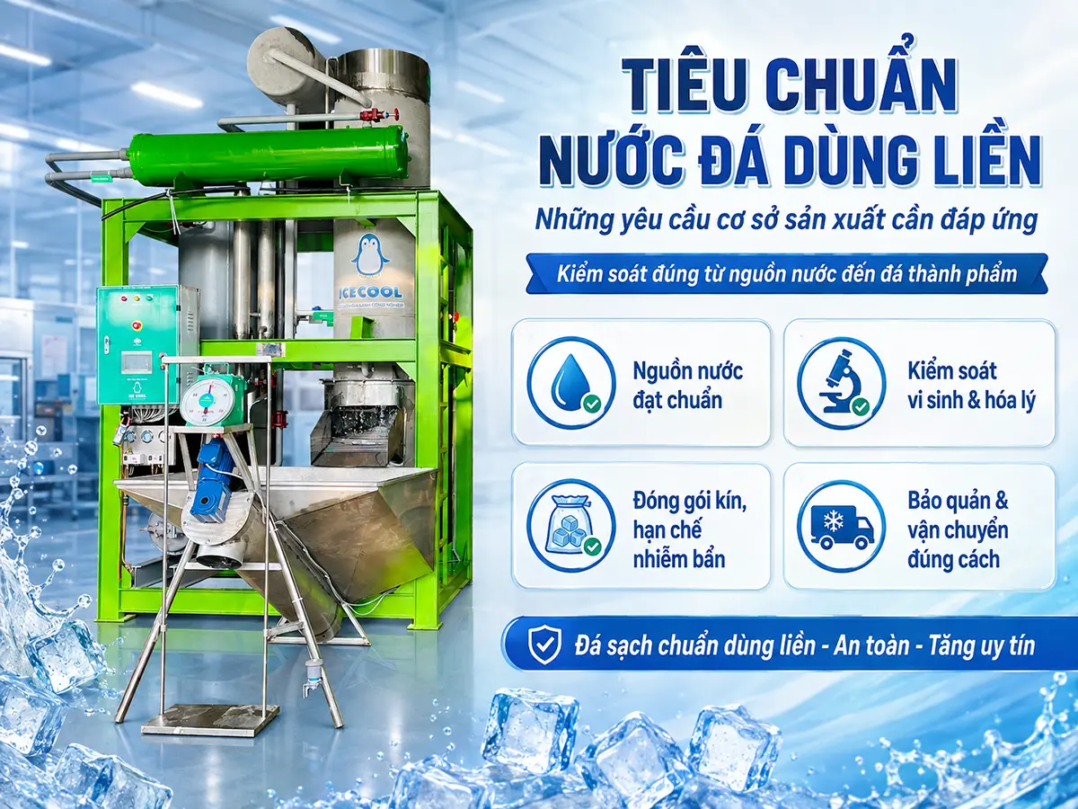 Tiêu chuẩn nước đá dùng liền bắt đầu từ nguồn nước đạt yêu cầu và quy trình sản xuất được kiểm soát chặt chẽ.
