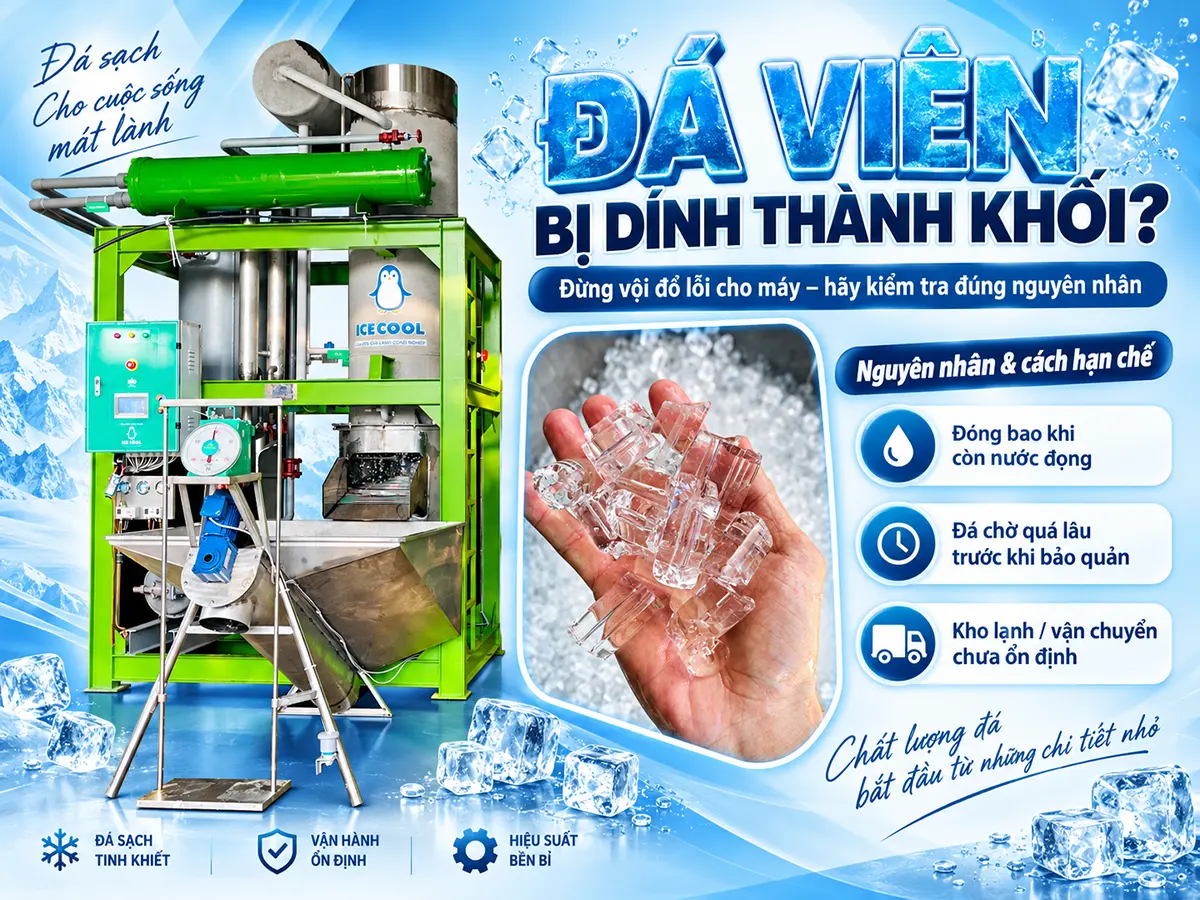 Vì sao đá viên bị dính thành khối? Cần kiểm tra từ đầu ra máy đến khâu đóng bao, bảo quản và giao hàng.